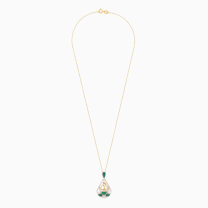 18K YELLOW GOLD NECKLACE WITH MOTHER WORD IN THE CENTER DECORATED BY MOP & MALACHITE AND NATURAL DIAMONDS