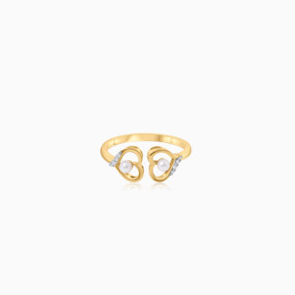 18K Yellow gold Ring With 2 Hearts shaped Decorated with Natural Diamond & Pearls