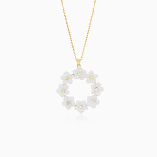 18K YELLOW GOLD NECKLACE WITH (MOP) FLOWER SHAPES AND ZIRCON STONES
