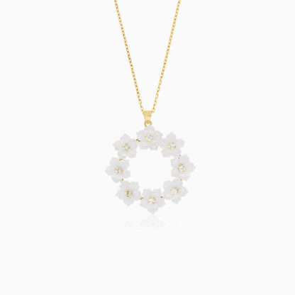 18K YELLOW GOLD NECKLACE WITH (MOP) FLOWER SHAPES AND ZIRCON STONES