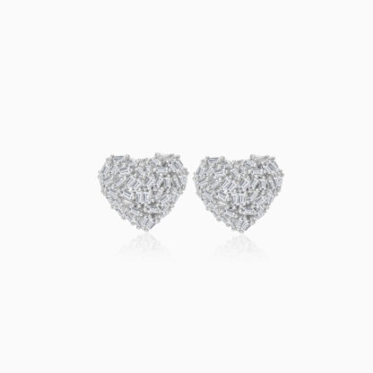 18K WHITE GOLD EARRINGS WITH HEART SHAPE DECORATED WITH NATURAL DIAMOND BAGUEETE CUT STONES