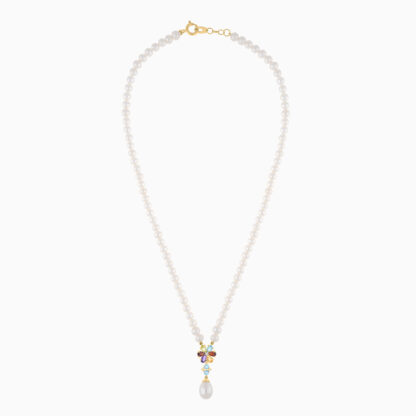 18K YELLOW GOLD PEARL NECKLACE WITH DIAMOND AND GEMSTONES