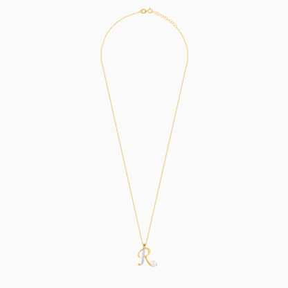 18k Yellow Gold 'R' Letter Necklace With Natural Diamond and Pearl - Image 3