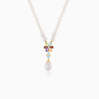 18K YELLOW GOLD PEARL NECKLACE WITH DIAMOND AND GEMSTONES