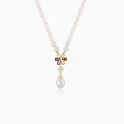 18K YELLOW GOLD PEARL NECKLACE WITH DIAMOND AND GEMSTONES