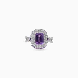 18k White Gold Ring with Amethyst Stone and Natural Diamonds