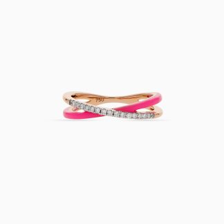 18k Rose Gold Ring with Diamonds and Pink Ceramic