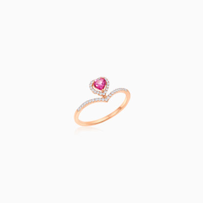 18K Rose gold ring with heart shape of Pink Topaz surrounded by natural diamond stones