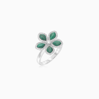 18K WHITE GOLD RING FLOWER SHAPE DECORATED WITH NATUARL DIAMOND AND MALACHITE STONES