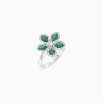 18K WHITE GOLD RING FLOWER SHAPE DECORATED WITH NATUARL DIAMOND AND MALACHITE STONES