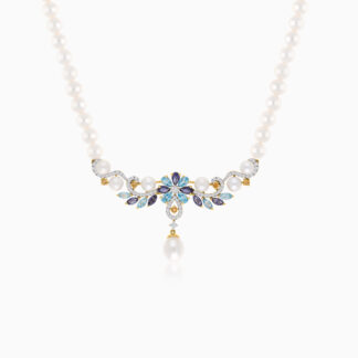 18K YELLOW GOLD PEARL NECKLACE WITH NATURAL DIAMOND & GEMSTONES