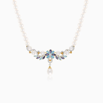 18K YELLOW GOLD PEARL NECKLACE WITH NATURAL DIAMOND & GEMSTONES