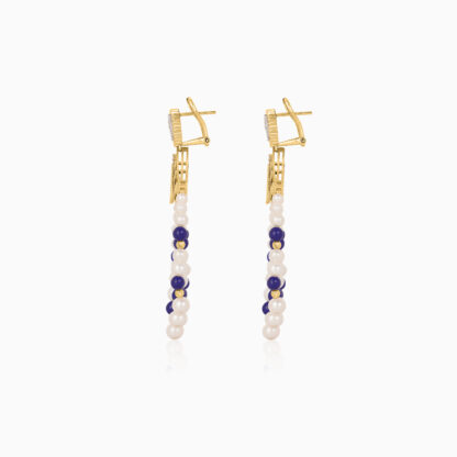 18K Yellow gold pearl earrings with natural diamond and lazurite stones