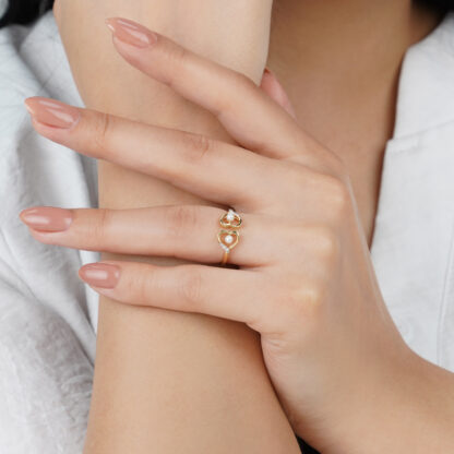 18K Yellow gold Ring With 2 Hearts shaped Decorated with Natural Diamond & Pearls - Image 2