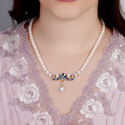18K YELLOW GOLD PEARL NECKLACE WITH NATURAL DIAMOND & GEMSTONES