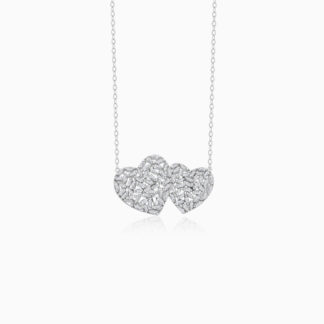 18K WHITE GOLD NECKLACE WITH 2 HEART DECORATED WITH NATURAL DIAMOND BAGUEETE CUT STONES