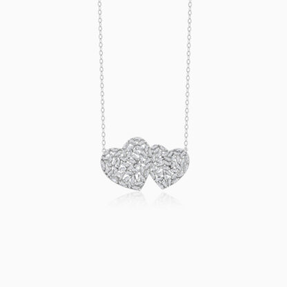 18K WHITE GOLD NECKLACE WITH 2 HEART DECORATED WITH NATURAL DIAMOND BAGUEETE CUT STONES