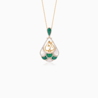 18K YELLOW GOLD NECKLACE WITH MOTHER WORD IN THE CENTER DECORATED BY MOP & MALACHITE AND NATURAL DIAMONDS