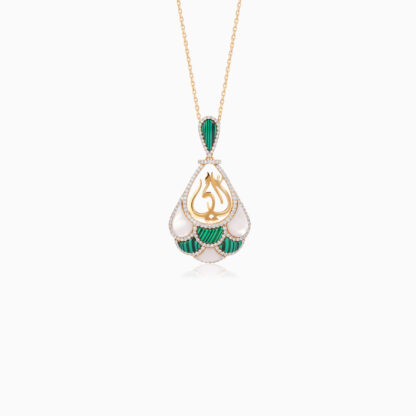 18K YELLOW GOLD NECKLACE WITH MOTHER WORD IN THE CENTER DECORATED BY MOP & MALACHITE AND NATURAL DIAMONDS