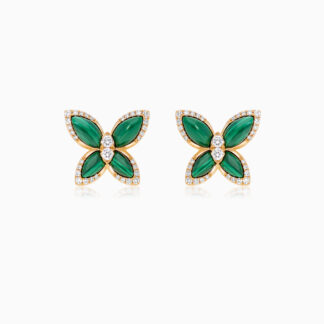 18k Yellow gold earrings butterfly shape decorated with Malachite and natural diamond stones