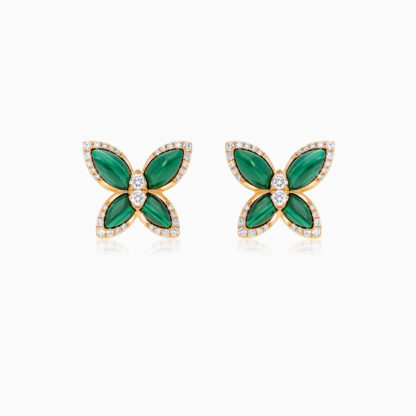 18k Yellow gold earrings butterfly shape decorated with Malachite and natural diamond stones