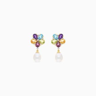 18K YELLOW GOLD PEARL EARRING WITH NATURAL DIAMOND & GEMSTONES