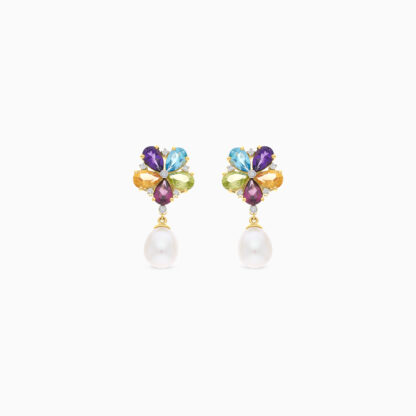 18K YELLOW GOLD PEARL EARRING WITH NATURAL DIAMOND & GEMSTONES