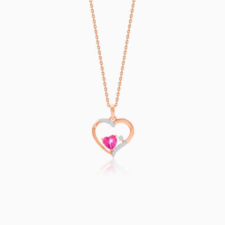 18k rose gold necklace heart shape decorated with natural diamond and pink topaz