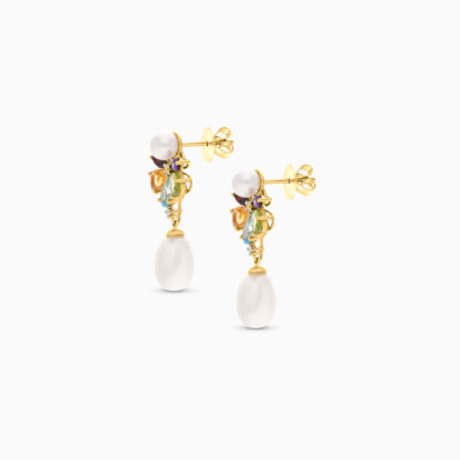 18K YELLOW GOLD PEARL EARRING WITH NATURAL DIAMOND & GEMSTONES
