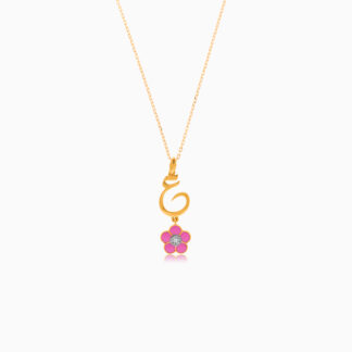 18k yellow gold kids necklace with the letter ain, with a hanging pink flower decorated with a single natural diamond in the centre