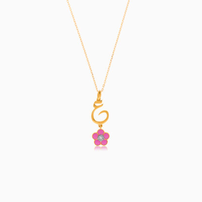 18k yellow gold kids necklace with the letter ain, with a hanging pink flower decorated with a single natural diamond in the centre