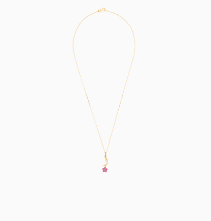 18K yellow gold Kids Necklace with letter ALIF with dangling pink flower decorated with a single natural diamond in the centre - Image 2