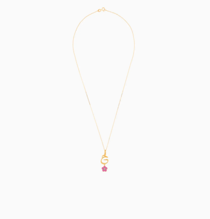 18k yellow gold kids necklace with the letter khaa with a hanging pink flower decorated with a single natural diamond in the centre - Image 2
