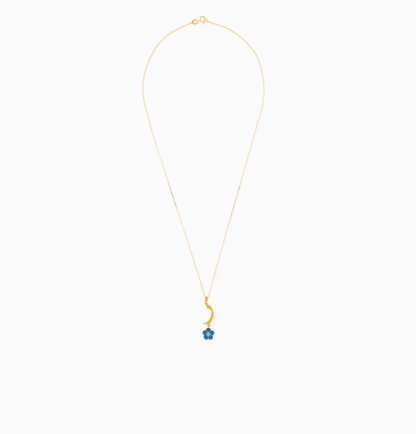 18k yellow gold kids necklace with letter raa with hanging turquoise flower decorated with a single natural diamond in the centre - Image 2