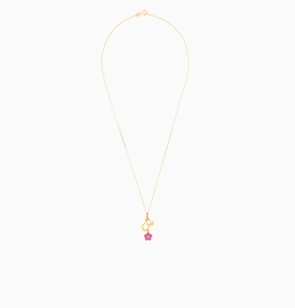 18k yellow gold kids necklace with the letter sheen with a hanging pink flower decorated with a single natural diamond in the centre - Image 2