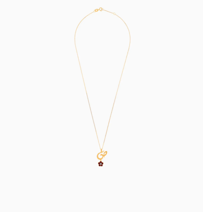 18k yellow gold kids necklace with letter saad with dangling maroon flower decorated with a single natural diamond in the centre - Image 2
