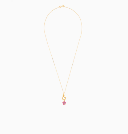 18k yellow gold kids necklace with the letter ain, with a hanging pink flower decorated with a single natural diamond in the centre - Image 2