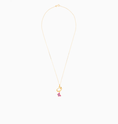 18k yellow gold kids necklace with letter faa with hanging pink butterfly decorated with a single natural diamond in the centre - Image 2