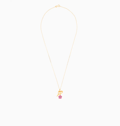 18k yellow gold kids necklace with letter Haa with dangling pink flower decorated with a single natural diamond in the centre - Image 2