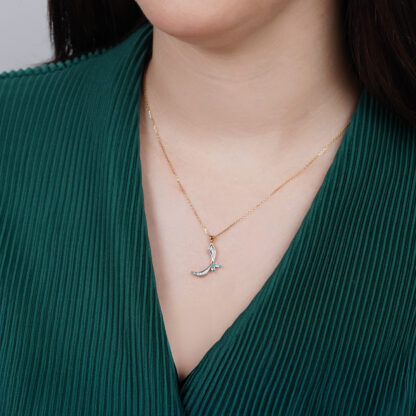 18k Yellow Gold 'Raa' Arabic Letter Necklace With Natural diamond and blue Topaz stones - Image 2