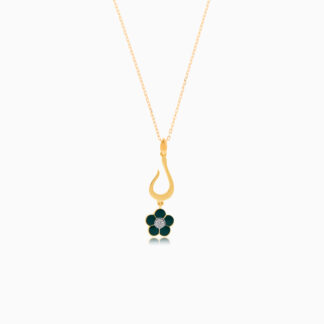 18k yellow gold kids necklace with letter laam with hanging green flower decorated with a single natural diamond in the centre