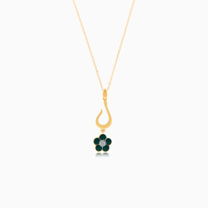 18k yellow gold kids necklace with letter laam with hanging green flower decorated with a single natural diamond in the centre