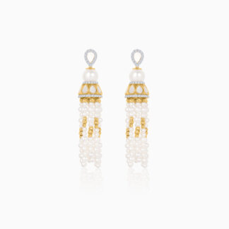 18K Yellow Gold Dangling Earrings with Pearls and Natural Diamonds