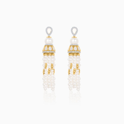 18K Yellow Gold Dangling Earrings with Pearls and Natural Diamonds