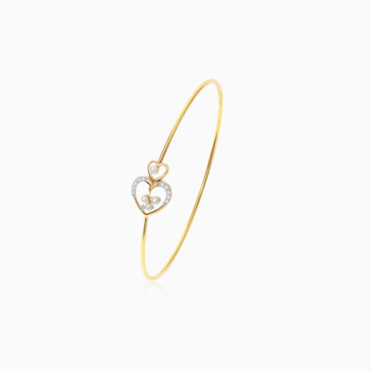18K Yellow gold bangle with 2 Sizes of hearts Decorated by Natural Diamonds & Pearls