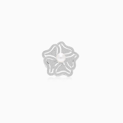 18K White Gold ring with a pearl and  natural diamond - Image 2