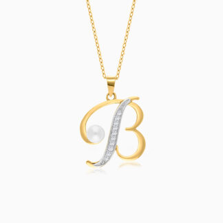 18k Yellow Gold 'B' Letter Necklace With Natural Diamond and Pearl