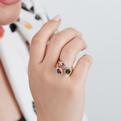 18K Rose Gold Open Ring with Tourmaline Stones and Natural Diamond - Image 2