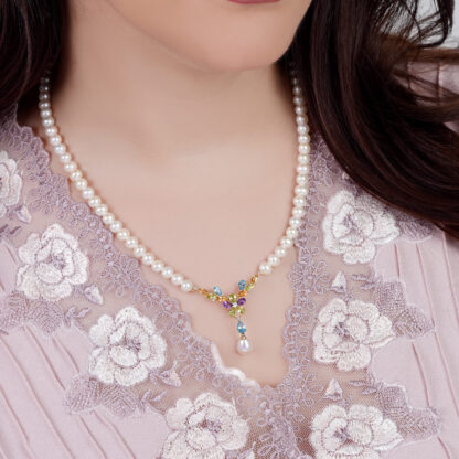 18K YELLOW GOLD PEARL NECKLACE WITH NATURAL DIAMOND & GEMSTONES