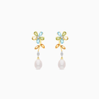 18K YELLOW GOLD PEARL EARRING WITH NATURAL DIAMOND & GEMSTONES